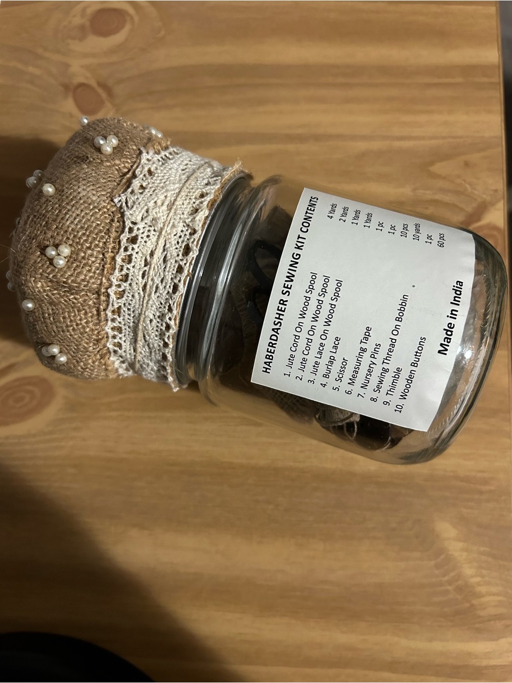 Vintage Burlap Pin Cushion Jar with Lace and Pearls - Brown & Cream